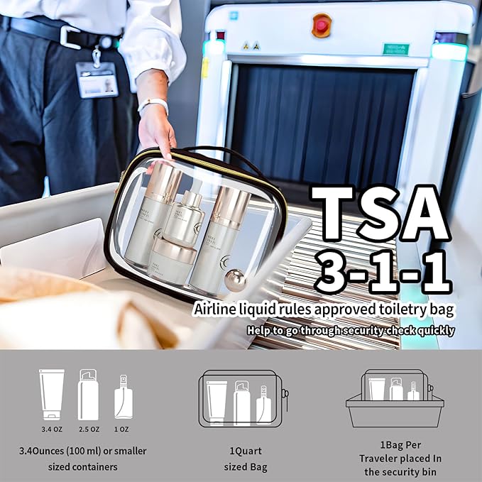 TSA Approved Travel Toiletry Bag,3 Pack Clear Makeup Bags with Handles,Quart Size Clear Cosmetic Bags for Traveling Women,Men,Carry on Airport Airline Compliant Bag,Black