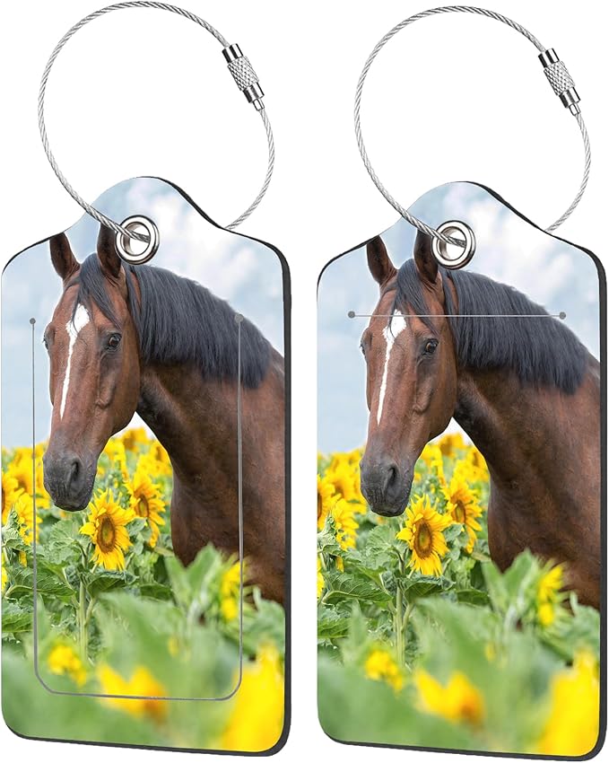 Luggage Tags for Suitcase,2 Pack Horse in Field of Sunflowers Luggage Tag with Privacy Flap,Name ID Label and Metal Loop for Women Men Girls Baggage Bag Backpack Instrument