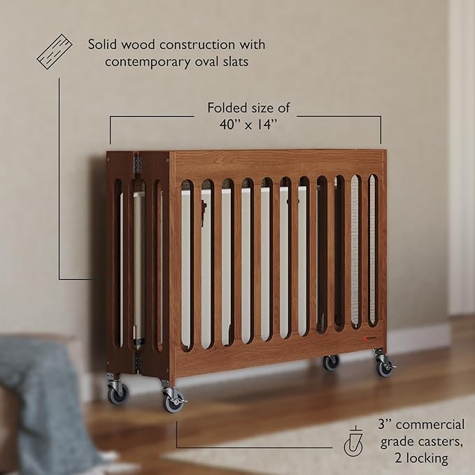 Foundations Boutique Folding Mini Baby Crib - Compact, Portable, Wooden Hotel Crib, Foldable Mini Crib for Baby & Toddlers - Includes 3" Foam Mattress, Cherry
