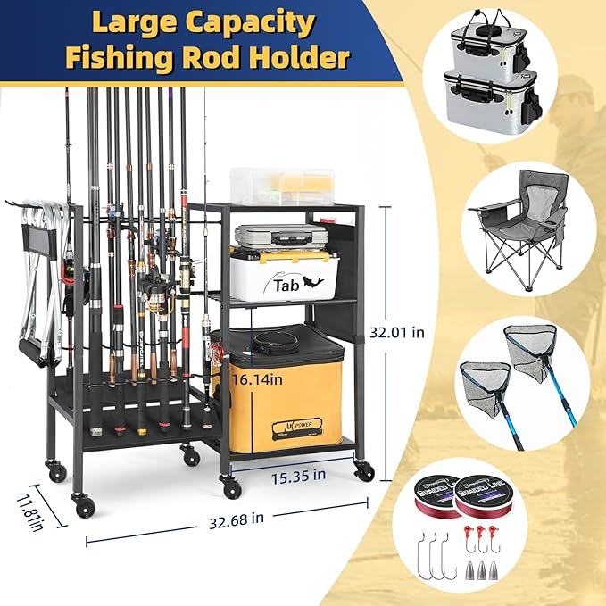 Olakee Fishing Rod Holder, Fishing Pole Holders for Garage Boat Home Entryway Fishing Gear Storage with Tackle Cart Ideal Gift for Men Dad Anglers Corner Design for Rods and Equipment Organizers