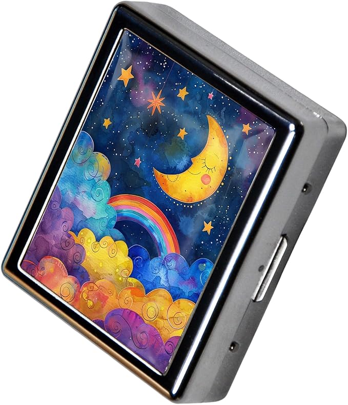 8‑Compartment Metal Pill Box Organizer – Portable Medicine Case 3″×2.6″ | Food‑Grade Dividers | Secure Snap Button Lid | Travel & Gift for Seniors (Dreamy Moon and Rainbow Skies)