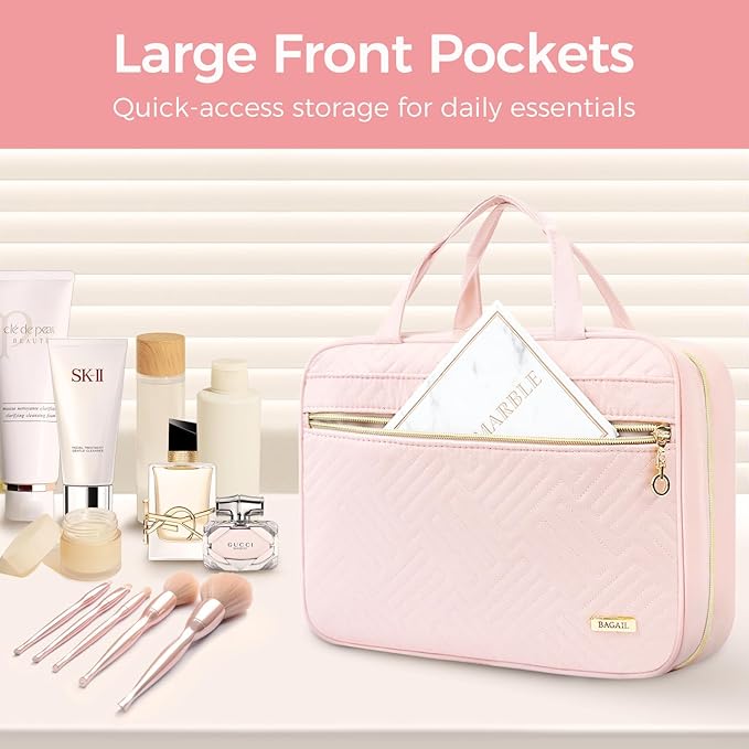 BAGAIL Hanging Toiletry Bag for Women Water-resistant Cosmetic Bag Large Capacity Travel Makeup Organizer for Full-Sized Travel Essentials(Classic+Jewelry Bag, Pink)