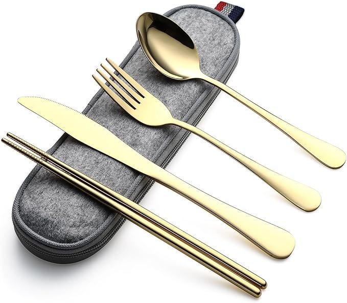 DEVICO Camping Utensils, Portable Travel Utensils with Case, Stainless Steel Reusable Silverware for Lunch Adult, 5Pcs Cutlery Set Includes Knife Spoon Fork Chopsticks and Case (Gold)