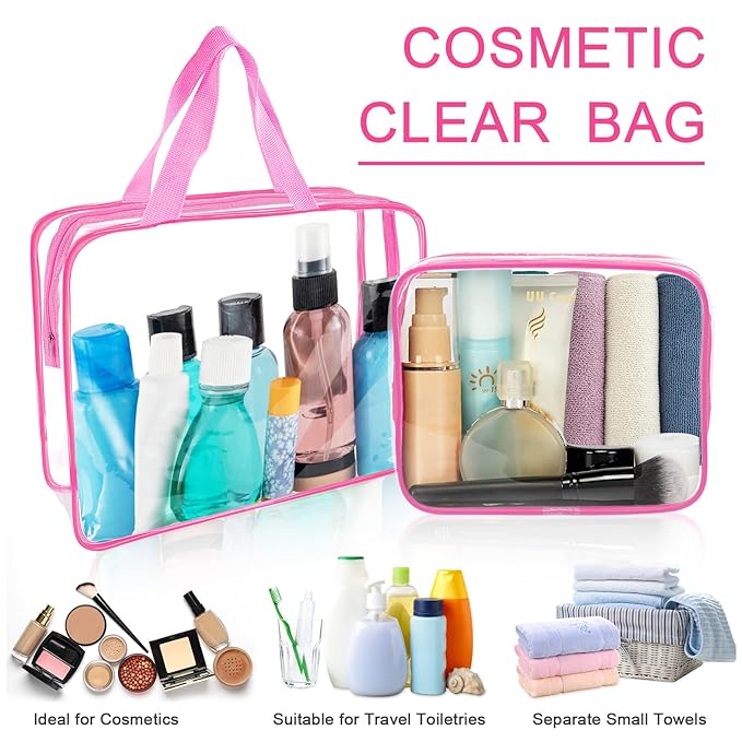 APREUTY Clear Makeup Bags, TSA Approved 6 Pcs Cosmetic Makeup Bags Set Clear PVC with Zipper Handle Portable Travel Luggage Pouch Airport Airline Vacation Organization (Rose Red)