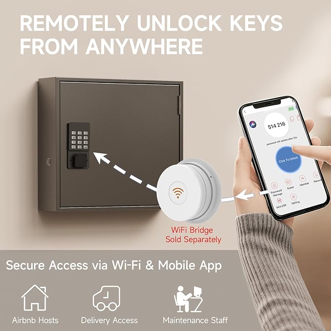 WeHere Smart Key Lock Box, Wall Mounted Key Cabinet with 90 Key Tags, Bluetooth App Control, OTP & Password Unlock, Wi-Fi Remote Unlock (Bridge Required), Steel Key Safe for Office Home Business