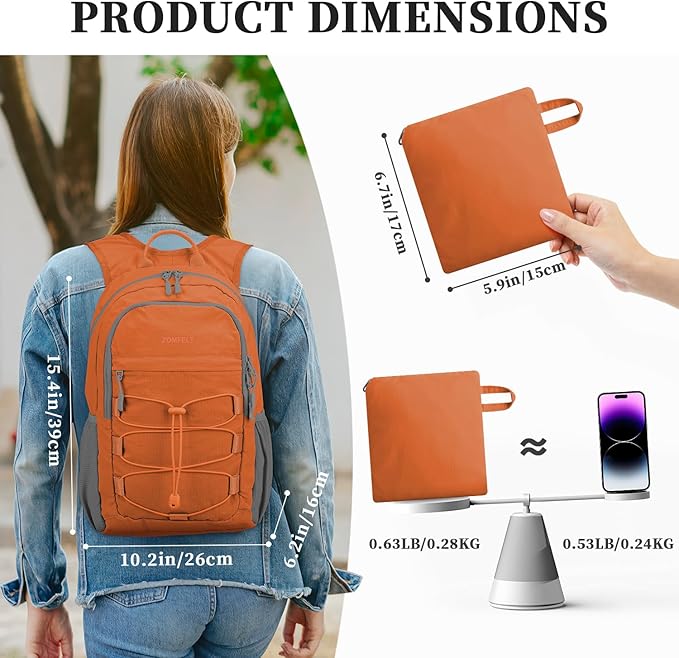 ZOMFELT Hiking Backpack for Women Men, 15L Lightweight Packable Backpacks for Trip, Water Resistant Small Travel Backpack, Foldable daypack for Hiking, Walking, Cycling, Camping, Orange