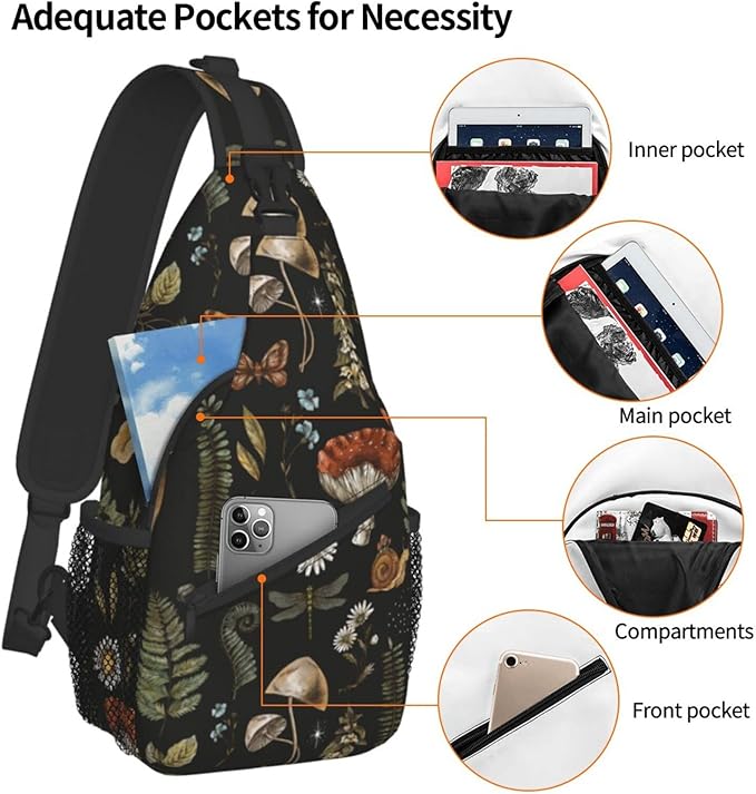 SUPLUCHOM Sling Bag Vintage Mushroom Leaf Forest Hiking Daypack Crossbody Shoulder Backpack Travel Chest Pack for Men Women Over 12 Years Old