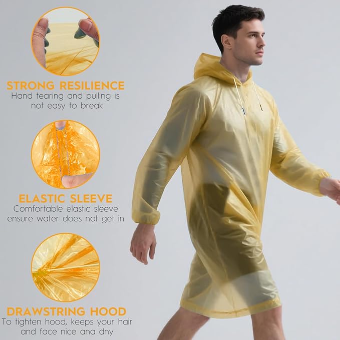 Bruvoalon 6 & 20 Pack Disposable Rain Ponchos for Adults/Youth, Waterproof PE Raincoats with Drawstring, Camping/Emergency