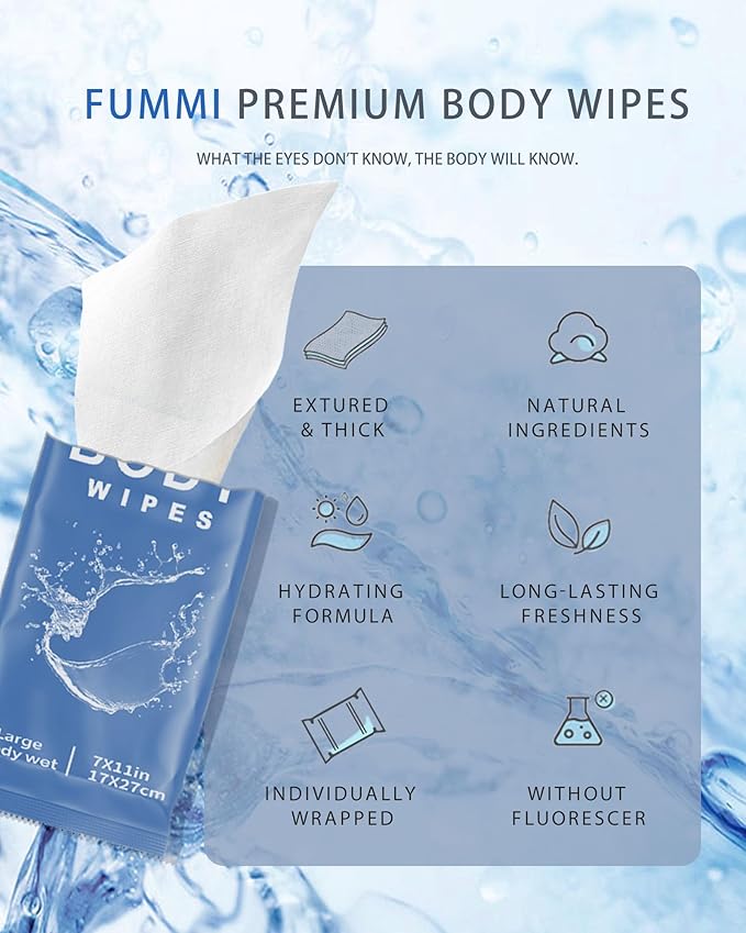 FUMMI 300 Pack Body Wipes – Large Individually Packaged Bath Wipes for Adults, Travel, Gym, Camping, Elderly, Bedridden – No Rinse Bath Wipes, Moisturizing & Refreshing Clean