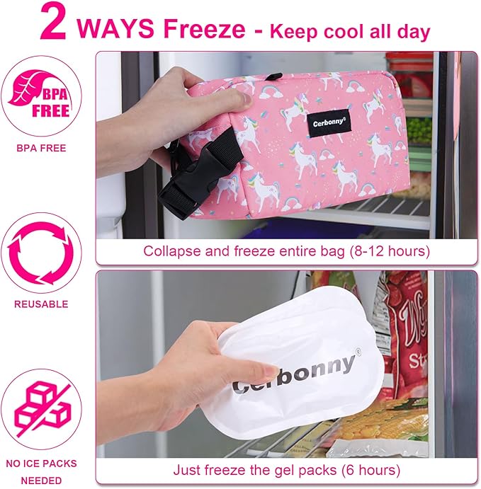 Cerbonny Small Insulated Cooler Bag (Pink Unicorn), 2.2L Meal Holder for Work, School, Travel, Picnic - Freezable Lunch Bag with Detachable Gel Packs, Fits Yogurt, Snacks, Breast Milk