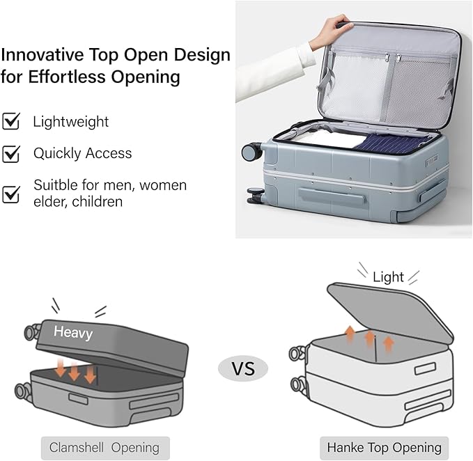 Hanke Top Opening 24 Inch Luggage with Spinner Wheels, Aluminum Frame All-PC Hard Shell Medium Suitcase, Zipperless Trunk Wide Handle Luggage, TSA Checked-Medium(Grey, 69L)