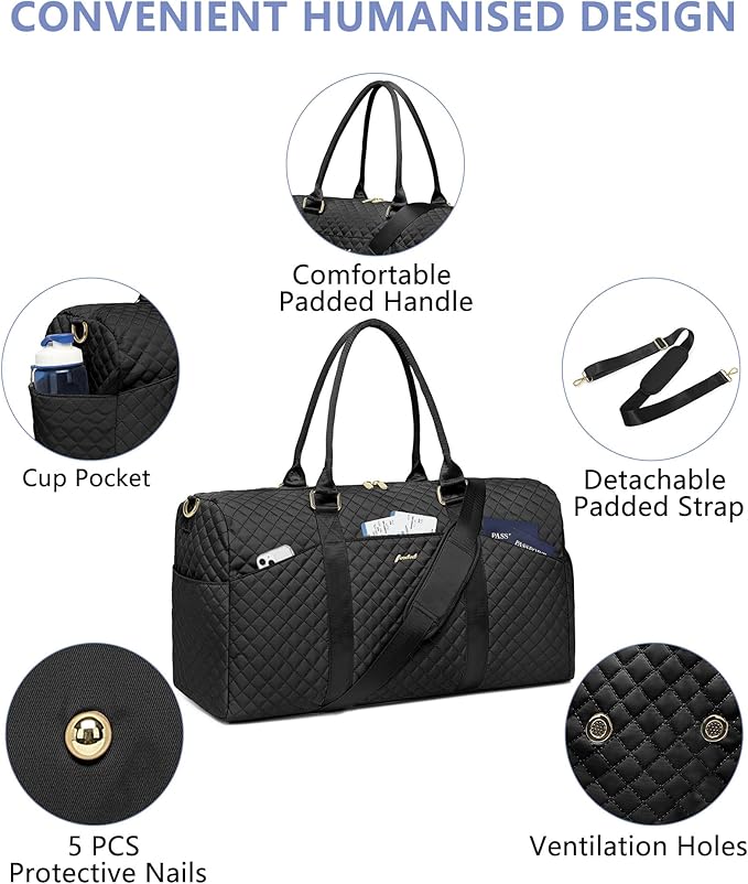 Weekender Travel Duffle Bag for Women - Carry on Bag with Shoe Compartment Overnight Bags with Wet Pocket Toiletry Bags Weekend Yoga Gym Traveling Hospital Bags for Labor and Delivery Black