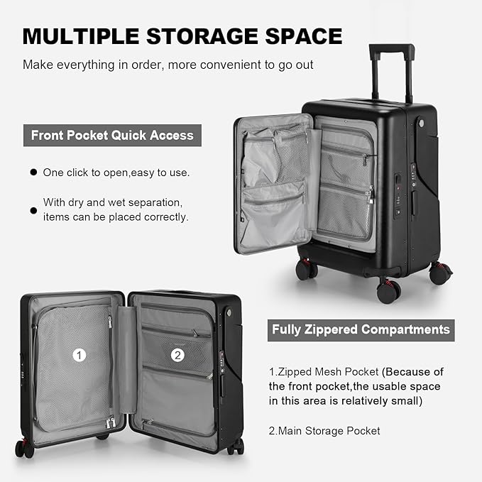 Ride On Luggage with Foldable Seat for Kids&Adults with Seat Belt,Hardshell Ride On Suitcase with Front Pocket,Lockable 4-Spinner Wheels,USB Port,TSA Lock,20 inch,Black