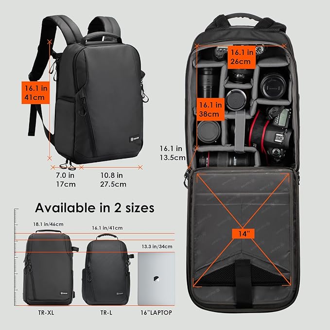 TARION Camera Backpack Waterproof Bag - 12.5L Slim DSLR Backpack with 14'' Laptop Compartment Rain Cover Slim Photography Bag for Men Women Photographers for DSLR SLR Lens Black TRL