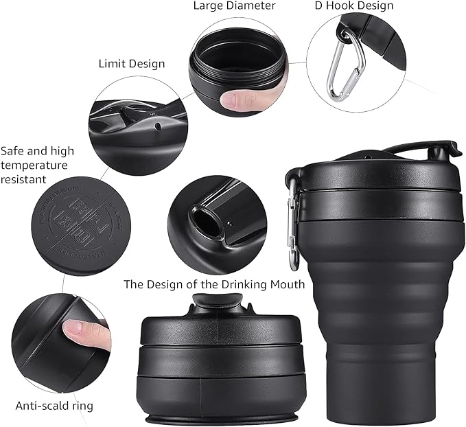 Collapsible Coffee Cup, 2 Pack 16 OZ 480ml Silicone Travel Folding Cup, Leak Proof BPA Free Portable Cup, Travel mug with Lids for Camping hiking (2 * 16OZ)