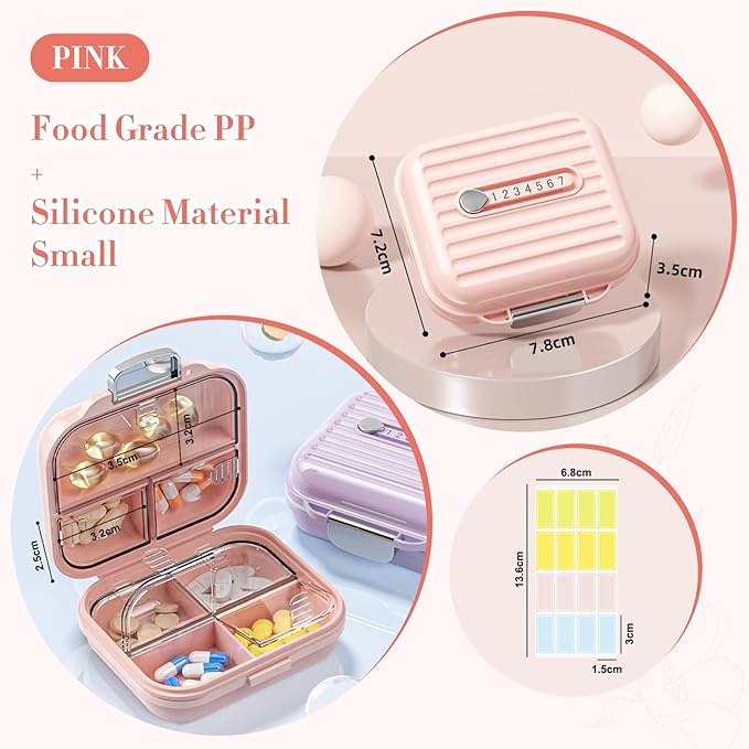Travel Pill Organizer Box with Labels, 7 Compartments Portable Mini Pill Case, Daily Medication Organizer Storage Pill Container for Pocket Pharmacy(Pink, S)