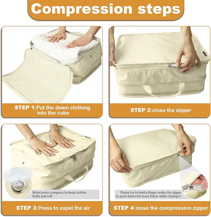 Compression Packing Cubes for Travel Essentials, 2 Pack Expandable Travel Cubes for Packing Bags Suitcase Organizer, Beige