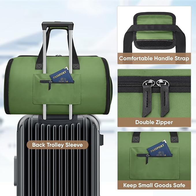 BALEINE Convertible Garment Bag with Shoe Compartment, 2 in 1 Carry on Garment Duffle Bags for Travel, Suit Bag for Men Women (Green)