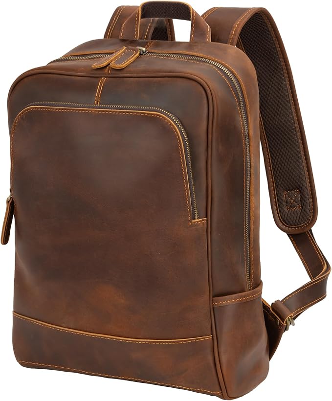 Leather Backpack for Men 15.6" Laptop Backpack 100% Madagascar top-Grain Leather Backpack Brown Medium Size