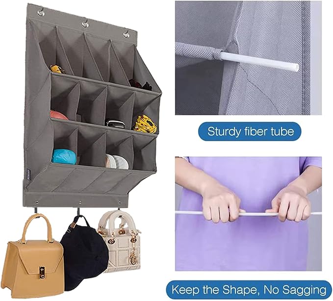 Over the Door Shoe Organizer, Grey 12 Pockets Hanging Shoe Storage Rack with Large Deep Pockets, Oxford 600D Fabric Shoe Storage Rack with 6 hook for Shoes, Home Accessories etc