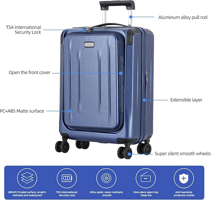 Carry On Luggage, 20Inch Top Opening Airline Approved ABS+PC Hard Shell Suitcases with Silent Wheels, TSA Lock,Front Pocket and Wet-dry Separated Six-piece Set (Dark Blue, 20 Inch)