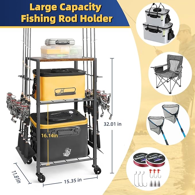 Olakee Fishing Rod Holder, Fishing Pole Holders for Garage Boat Home Entryway Fishing Gear Storage with Tackle Cart Ideal Gift for Men Dad Anglers Corner Design for Rods and Equipment Organizers