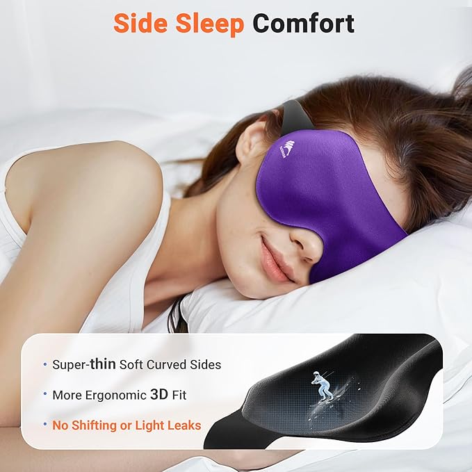 100% Blackout Eye Masks for Sleep: 3D Contoured Zero Eye Pressure Sleeping Mask for Lash Extensions - Great for All Sleep Positions - Perfect for Men Women Airplane Travel Essentials (Purple)