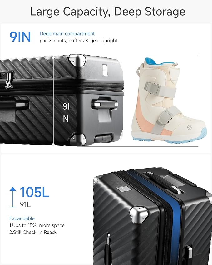 Trunk Luggage, Expandable PC Hard Shell Large Checked 28 Inch Suitcase with Shock - Absorbing Wheels & TSA Lock, Black, 91L - 105L