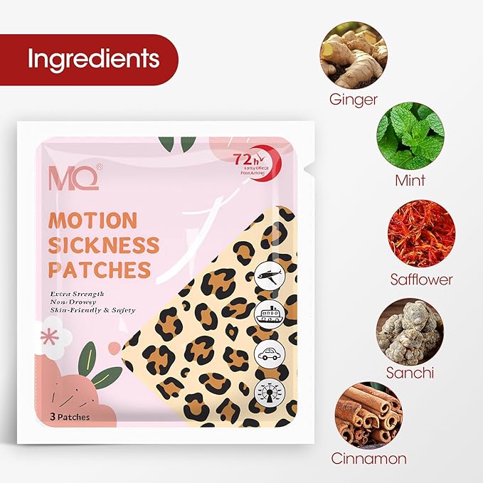 MQ 33ct Motion Sickness Patch Non Drowsy, Sea Sickness Patches for Cruise Ship Travel, Waterproof Patch Behind Ear for Car Airplane Altitude Sickness, Long Last 72H, Leopard Pattern