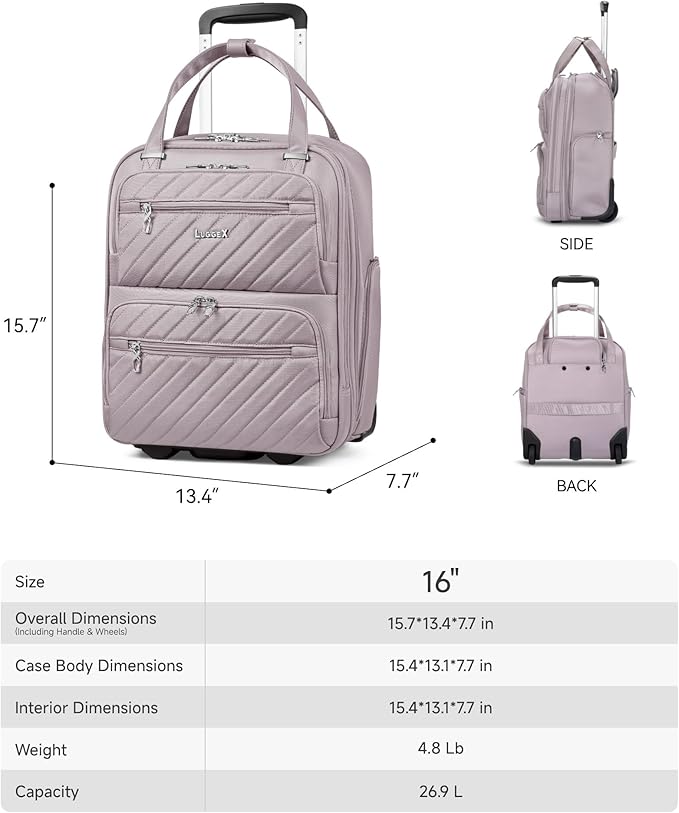 LUGGEX Underseat Carry On Luggage with Wheels, Stylish Lightweight Under Seat Luggage, Soft Sided Personal Item Suitcase for Short Trip (Grey Pink, 16 Inch)
