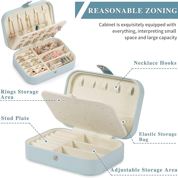 Travel Jewelry Box, PU leather Small Jewelry Organizer For Female Girls, double layer portable mini travel case for storing earrings, rings, necklaces.(blue 2pcs)