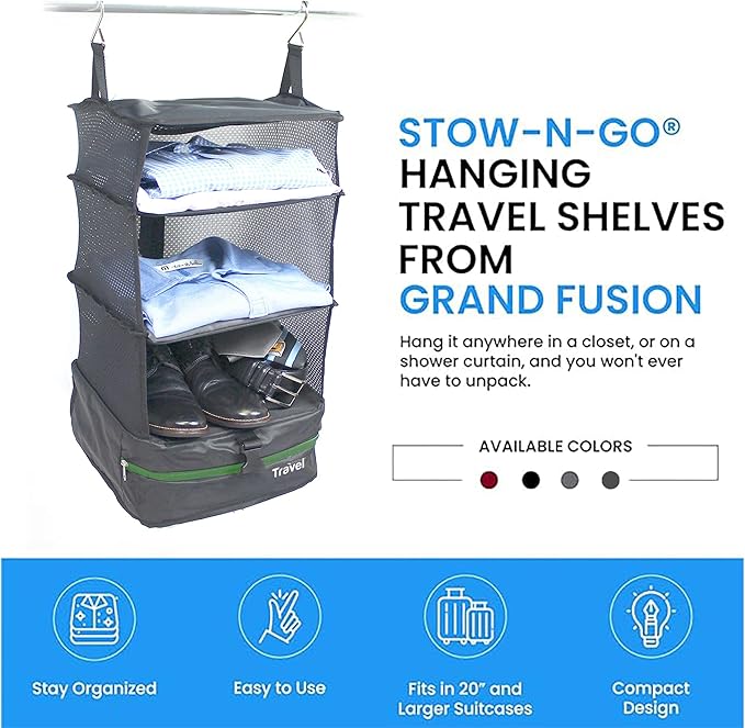 Grand Fusion Stow-N-Go Travel Luggage Organizer – Portable Hanging Travel Shelves, Carry-On Closet Organizer, Hanging Packing Cubes, Collapsible Carry-On Organizer for Cruises & Hotels. Dark Gray - L