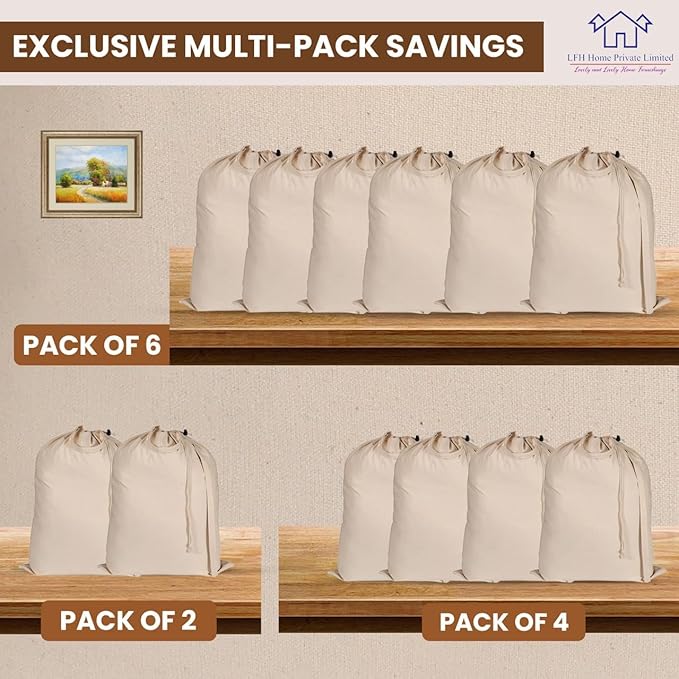 LFH Home Large Premium 100% Cotton Canvas Laundry Bag with Drawstring and Handles Heavy Duty, Multi-Use, and Washable for Home, Travel, College or Storage 28x40 (Pack of 4)-Natural