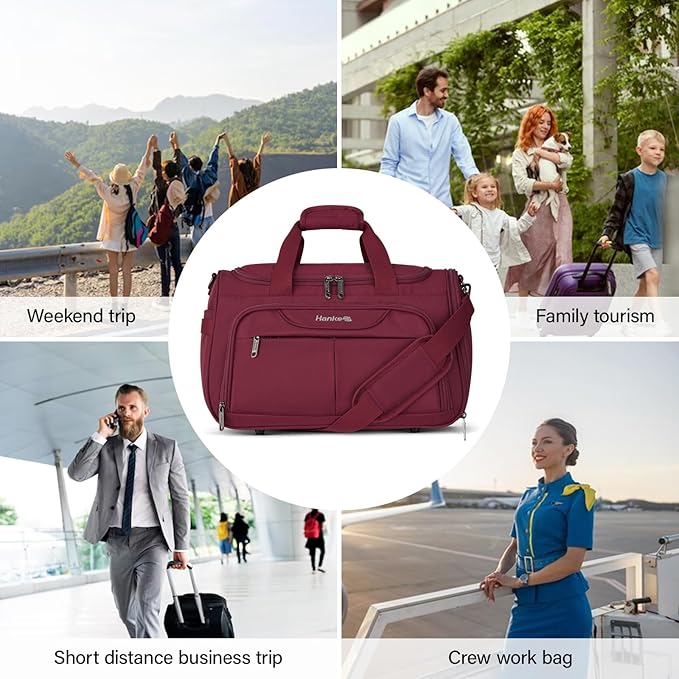 Hanke Underseat Carry On luggage Bags for Travel, Foldable Travel Bags for Women, Soft Lightweight Personal Item Travel Bag Small Carry On Bags for Airplanes, Travel Tote Bags for Women Men.（Burgundy）