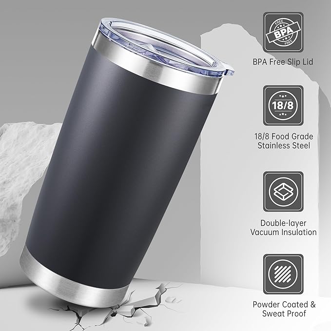 20 oz Tumbler Stainless Steel Tumblers with Lid Double Wall Vacuum Insulated Coffee Mug 20oz Powder Coated Cup for Hot and Cold Drinks, Black, 1 pack