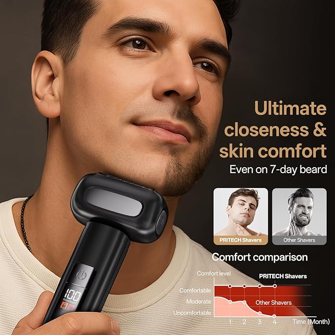 PRITECH Electric Razor Men Shaving Face, Men Electric Shaver, Close Electric Foil Shaver Waterproof with LED Display & USB C Fast Charge (Black)