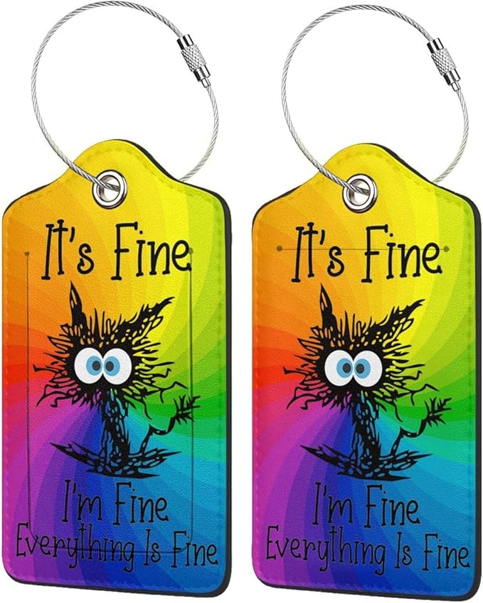 2 Pack Luggage Tags for suitcases Funny Cute Rainbow I'm Fine It's Fine Luggage Tag, Leather Stainless Steel Loop Label Tag for Men Women Travel Bag Suitcase(Rainbow Fine)