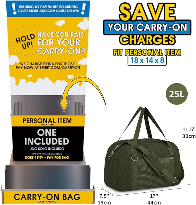 Narwey For Spirit Airlines Personal Item Bag 18x14x8, Small Duffle Bag for Travel Duffel for Traveling, Carry on Bag for Airplanes Underseat Overnight for Women and Men (Army Green)
