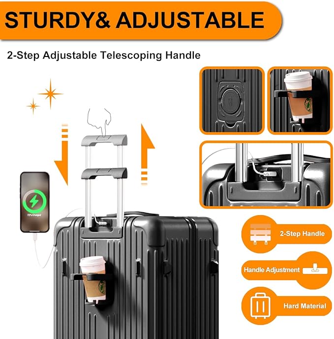 Krute Luggage with Spinner Double Wheels Suitcases with USB Port and Cup Holder TSA Lock PC+ABS Hardside Checked Luggage 28 Inch (Black)