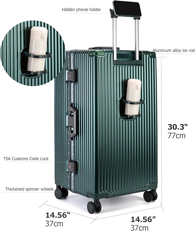 feilario 30in Super Large Captain Aluminum Frame Hardside Spinner Wheels Luggage, Removable Wheels Zipperless Checked Suitcase with Cup Holder/Phone Holder