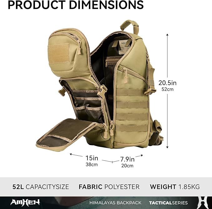 52L Tactical Backpack Military Molle Assault Pack - 3 Day Bugout Survival Rucksack, Hydration Compatible,Tan