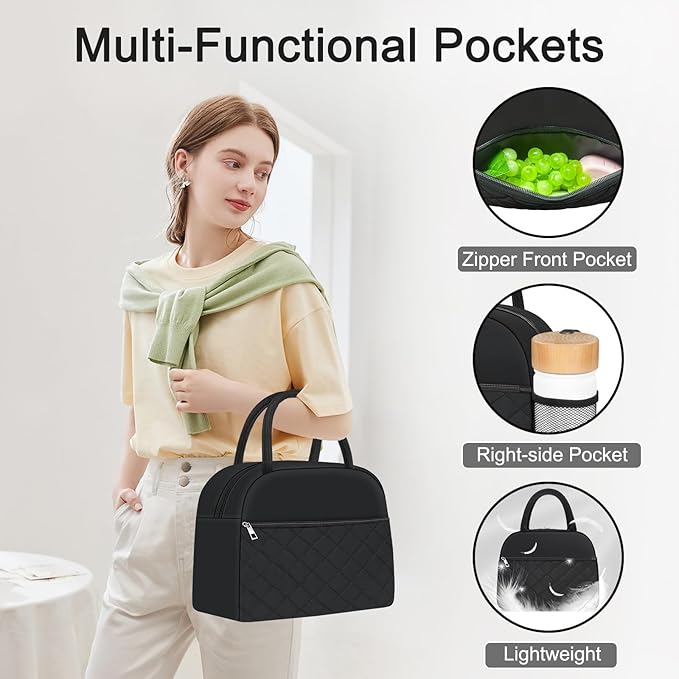 Lunch Bag Lunch Box for Women Men Insulated Reusable Large Lunch Tote Bag Adult Leakproof Simple Cooler Bag for Office Work Picnic Beach or Travel, Black