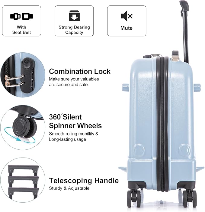 Apelila 22 inch Ride on Suitcase for Kids Travel Trolley Luggage with Spinner Wheels Travel Suitcase for Child with Combination Lock/Safety Belt/Telescoping Handle (Blue)