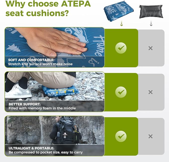 ATEPA Inflatable Stadium Seat Cushion, Self-Inflating Memory Foam Stadium Seats Bleacher Seat Chair Cushion Pad for Airplane Travel Backpacking Sports Events