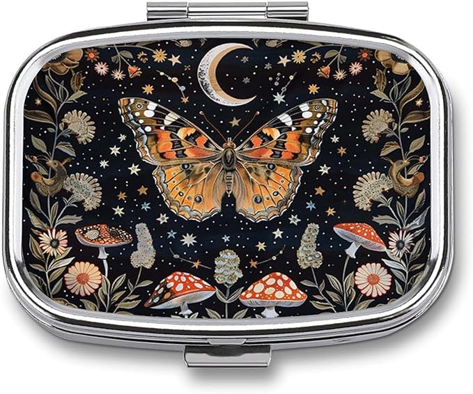 Metal 2 Compartment Pill Organizer Travel Friendly Portable Compact Pill Box Cute Pill Case,for Pocket Wallets Daily Portable Medicine Vitamin Tablet Storage (Butterfly)