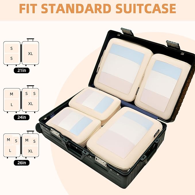 BAGAIL 4 Set/6 Set/8 Set Compression Packing Cubes Travel Accessories Expandable Packing Organizers (Square Mesh, 06-Beige)