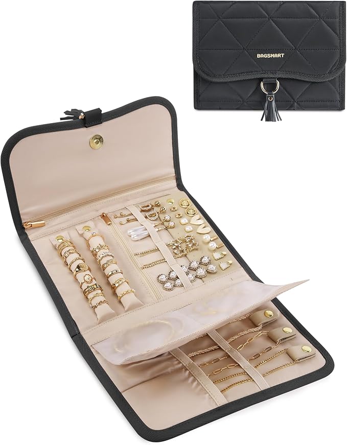 BAGSMART Travel Jewelry Organizer for Women, Foldable Jewelry Storage Roll for Earrings, Necklaces, Bracelets, Earrings, Brooches, Fashion Black