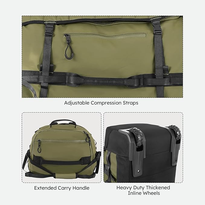 86L 30” Folding Duffle Backpack with 2 Wheels,Travel Bag with Separate Shoe Compartment,Army Green