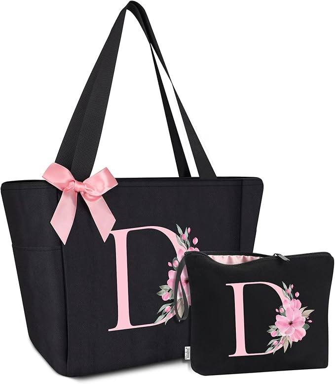 Vavabox Tote Bag, A-Z Initial Monogrammed Waterproof Tote Bag, Bridesmaid Gifts for Women, Black and Pink
