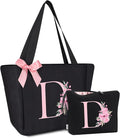 Vavabox Tote Bag, A-Z Initial Monogrammed Waterproof Tote Bag, Bridesmaid Gifts for Women, Black and Pink